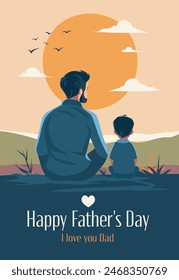 Vector Anuncio de vacaciones elegante linda ilustración plana de padre e hijo mirando al atardecer y la naturaleza mientras se sienta en un claro. Día del Padre Te amo papá Plantillas para póster, portada, tarjeta