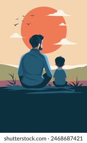 Vector holiday banner stylish cute flat illustration with place for text, father and son, sitting pose, looking at sunset. Father's Day templates, dad, I love you, for poster, cover, card