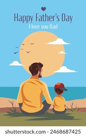 Vector holiday banner stylish cute flat illustration of father and son, sitting pose, looking at sea and seagulls. Father's Day templates, dad, I love you, for poster, cover, card