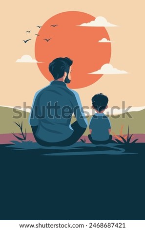 Vector holiday banner stylish cute flat illustration with place for text, father and son, sitting pose, looking at sunset. Father's Day templates, dad, I love you, for poster, cover, card