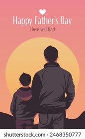 Vector Anuncio de vacaciones ilustración elegante de padre e hijo de pie con sus espaldas contra el fondo del atardecer. Te amo papá Tarjeta de felicitación del Día del Padre Feliz, para póster, portada y redes sociales