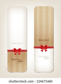 Vector holiday banner templates with striped fabric backgrounds and silky ribbon bow knots