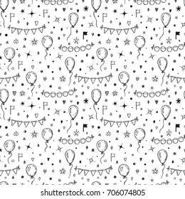 Vector Holiday and Birthday Design Elements Seamless pattern. Hand Drawn Doodle Balloons, Buntings Flags, Confetti pieces, Stars. Festive Background