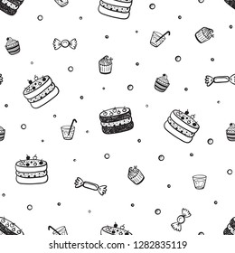 Vector Holiday or Birthday Seamless Pattern with Hand Drawn Doodle Cakes, Cupcakes and Candies. Festive party background. Holiday Wallpaper.
