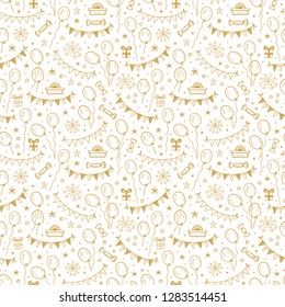 Vector Holiday or Birthday Seamless pattern. Hand Drawn Doodle Balloons, Buntings Flags, Gift Boxes and Stars. Golden Festive Background. Golden Holiday Wallpaper. 