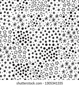 Vector Holiday or Birthday Seamless Pattern with Hand Drawn Doodle Stars and Dots. Starry Space Sky Vector Festive Background