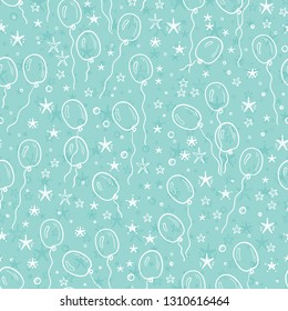 Vector Holiday or Birthday Seamless Pattern with Hand Drawn Doodle Balloons and Stars. Festive party background. Holiday Wallpaper