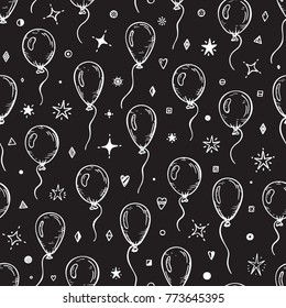 Vector Holiday or Birthday Seamless pattern. Hand Drawn Doodle Balloons, Confetti pieces, Stars. Festive Background