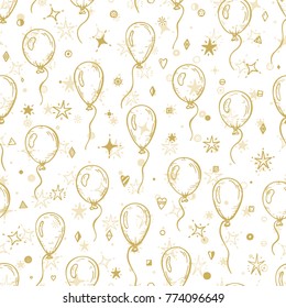 Vector Holiday or Birthday Seamless pattern. Hand Drawn Doodle Balloons, Confetti pieces, Stars. Golden Festive Background
