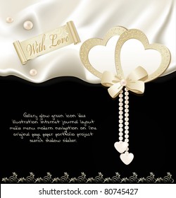 vector holiday black background with silk, two hearts and pearls