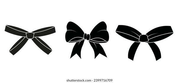 Vector Holiday Black Silhouette Ribbon Bows Set Design Elements Isolated on white background. Black Friday Big Sale Gift Tie. Minimal Stylish Ribbon Ties. Christmas and new year Decorative Element.