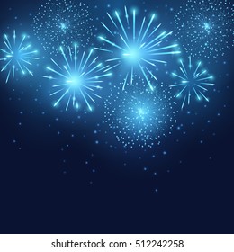 Vector holiday blue fireworks. Background with lights for design festive posters and flyers for New Year. File contains clipping mask.