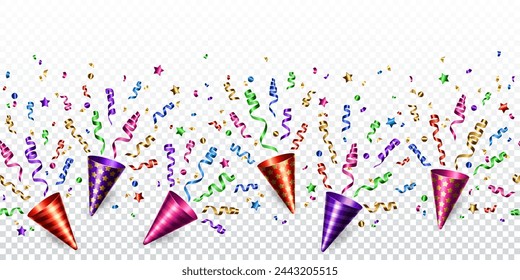 Vector holiday border seamless pattern with exploding realistic party popper, colorful ribbons and confetti. Decor frame for invitation, greeting card, banner for anniversary or birthday.