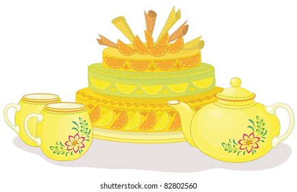 Vector, holiday cake, teapot and cups on white background