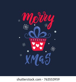 Vector Holiday calligraphy and gift - Merry XMAS. Vector clipart. New Year and Christmas decoration.