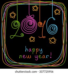 Vector holiday card - 2016 happy new year! Hand drawn childish background with Christmas balls, stars, frame of doodles. Festive illustration for print, web