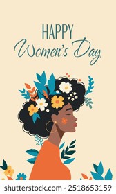 Vector holiday card 8 march women's day. Curly african american woman in flowers with text happy international women's day. Concept of feminism, women empowerment, gender equality