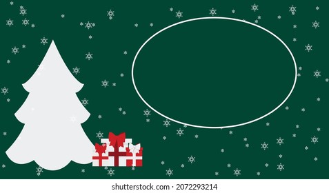 Vektor-Urlaubskarte mit Weihnachtsbaum und Geschenken. flaches Bild von Geschenken unter dem Baum auf grünem Hintergrund