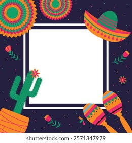 Vector holiday card for Cinco de Mayo holiday. Colorful banner with paper fan, maracas, cacti, flowers. Square template in the form of a frame with space for text.