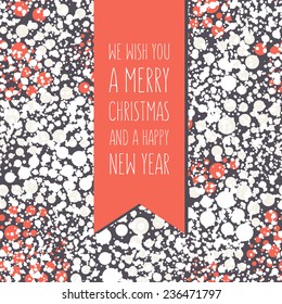Vector holiday card with confetti. Seamless pattern is at the base. Graphical colorful banner. Ribbon with inscription "We Wish You a Merry Christmas and a Happy New Year"