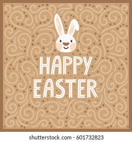 Vector holiday card with cute bunny, decorative elements and text "Happy Easter". Stylish golden background with cartoon character.