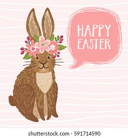 Vector holiday card with cute rabbit and text "Happy Easter". Spring background with bunny in wreath from flowers. Cartoon character.
