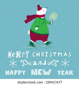 Vector holiday card with cute smiling white bear on the skates and text "Merry Christmas and happy new year". Funny hand drawing cartoon character.