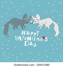Vector holiday card with cute smiling fennec fox and text "Happy valentine's day". Funny hand drawing cartoon characters on the blue background.