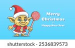 Vector holiday card or flyer. Funny cartoon cute smiling gnome, troll, goblin or gremlin with sweet candy, in costume of Santa Claus. Merry Christmas and Happy New Year. Blue light background.