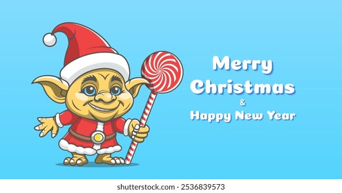 Vector holiday card or flyer. Funny cartoon cute smiling gnome, troll, goblin or gremlin with sweet candy, in costume of Santa Claus. Merry Christmas and Happy New Year. Blue light background.