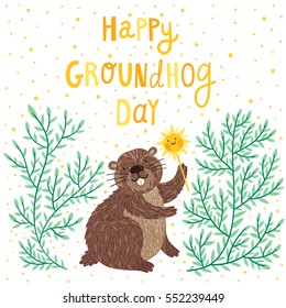 Vector holiday card for "Groundhog day". Cute illustration with smiling marmot, sun and green branches.