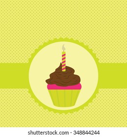 Vector holiday card, label confectionery products - pastry with chocolate cream, decorated with burning candle
