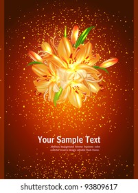 vector holiday card with orange lilies on a brown background