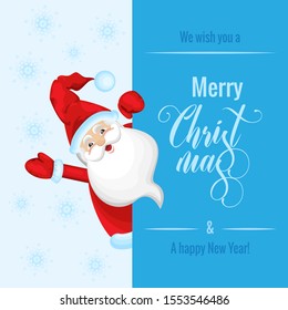 Vector Holiday Card. The postcard is divided into two parts. In the left, Santa on a pastel blue background with snowflakes, in the right - congratulation Merry Christmas and Happy New Year on a light