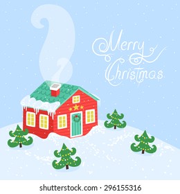 Vector holiday card with small red house, wreath on the door, christmas trees, snowdrifts and text "Merry Christmas". Stylish winter background.