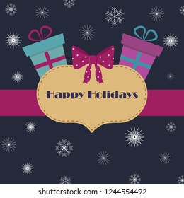 Vector holiday card template. Simple frame with presents and snowflakes