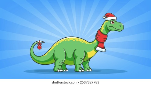 Vector holiday cartoon cute kind green dinosaur brontosaurus in red scarf and Santa Claus hat. Ball toy with bow. Merry Christmas and Happy New Year.