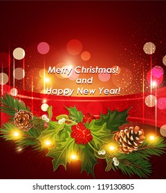 Vector holiday Christmas background with red ribbon and Christmas tree and holly