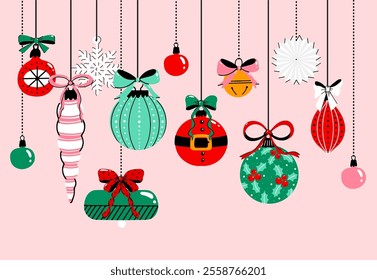 Vector Holiday Christmas card with differens ornaments, balls, bows isolated on a background. Hand drawn decoration elements