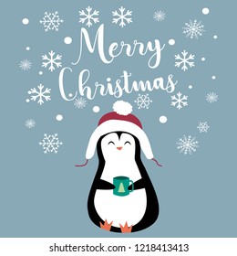 Vector holiday Christmas greeting card with cartoon penguin and Merry Christmas lettering.