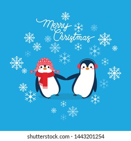 Vector holiday Christmas greeting card with cartoon penguins, snow flakes and Merry Christmas lettering.