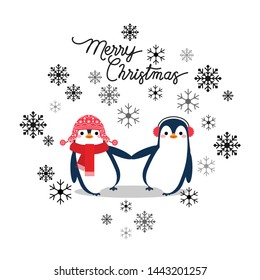 Vector holiday Christmas greeting card with cartoon penguins, snow flakes and Merry Christmas lettering.