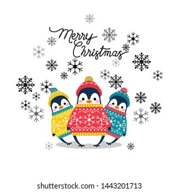 Vector holiday Christmas greeting card with cartoon penguins, snow flakes and Merry Christmas lettering.