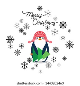 Vector holiday Christmas greeting card with cartoon penguin, snow flakes, Christmas tree and Merry Christmas lettering.