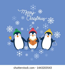 Vector holiday Christmas greeting card with cartoon penguins, snow flakes and Merry Christmas lettering.