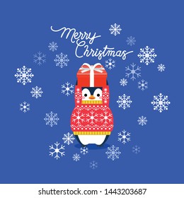 Vector holiday Christmas greeting card with cartoon penguin, snow flakes and Merry Christmas lettering.
