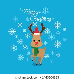 Vector holiday Christmas greeting card with cartoon red nose reindeer, snow flakes  and Merry Christmas lettering. 