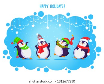 Vector holiday Christmas greeting card with four cartoon penguins. Different clothing and santa hats, various poses.