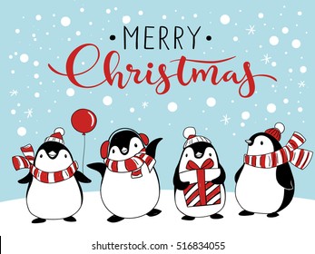 Vector holiday Christmas greeting card with four cartoon penguins and Merry Christmas lettering.