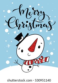 Vector holiday Christmas greeting card with cartoon snowman and Merry Christmas lettering.